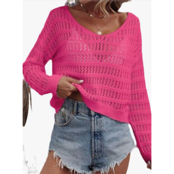 Women Sweater - Drop Shoulder Open Knit Sweater Pink Size Small - Picture 1 of 4